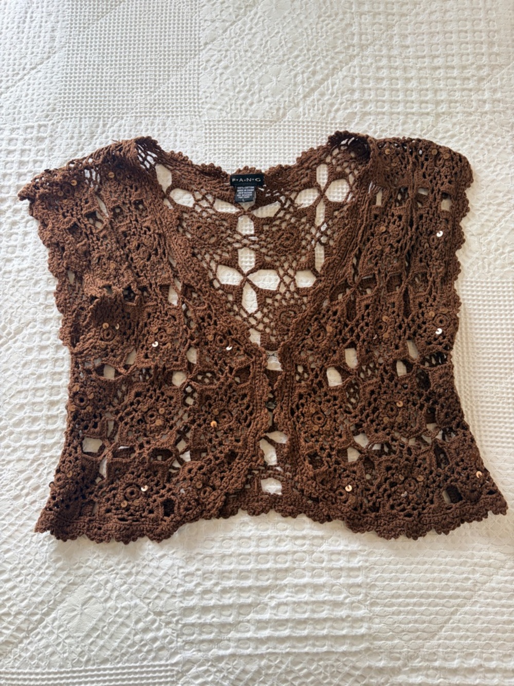 Vintage FANG Brown Crochet Sequin Crop Top Vest Boho
